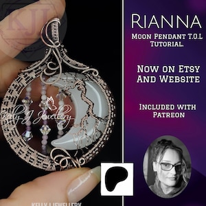 Pode incluir: Um pingente artesanal com um design de lua crescente e uma moldura enrolada em arame. O pingente inclui uma pedra da lua branca, uma árvore de arame e contas penduradas. O texto "RIANNA MOON PENDANT T.O.L TUTORIAL" é visível.