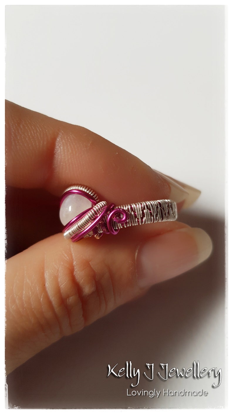 6 US M 12 UK Wire Wrapped Dazzling Pink Statement Ring with Rainbow Moonstone in Coloured wire with Sterling Silver Filled Weaving Wire