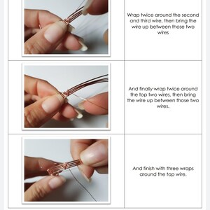 K&ouml;nnte beinhalten: Nahaufnahme einer Hand, die Kupferdraht um andere Kupferdr&auml;hte wickelt. Das Bild zeigt drei Schritte des Prozesses. Der Text im Bild lautet: "Zweimal um den zweiten und dritten Draht wickeln, dann den Draht nach oben zwischen diese beiden Dr&auml;hte f&uuml;hren. Und zum Schluss zweimal um die beiden oberen Dr&auml;hte wickeln, dann den Draht nach oben zwischen diese beiden Dr&auml;hte f&uuml;hren. Und mit drei Wicklungen um den oberen Draht abschlie&szlig;en."