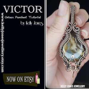 May include: A copper wire wrapped pendant featuring a brown, white, and grey agate stone. The pendant is in the shape of a teardrop with intricate wirework details. The pendant is held in a hand.