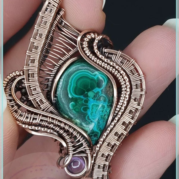 Antiqued Copper Pendant with Chrysocolla malachite and amethyst gemstones. My own design, unique jewellery.