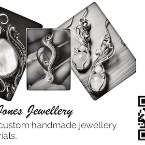 May include: A close-up of three silver wire wrapped jewellery pieces with white stones. The jewellery pieces are displayed on a wooden surface. The text "Kelly Jones Jewellery" is displayed below the image. The text "Unique, custom handmade jewellery and tutorials." is displayed below the text "Kelly Jones Jewellery". A black and white QR code is displayed in the bottom right corner of the image.