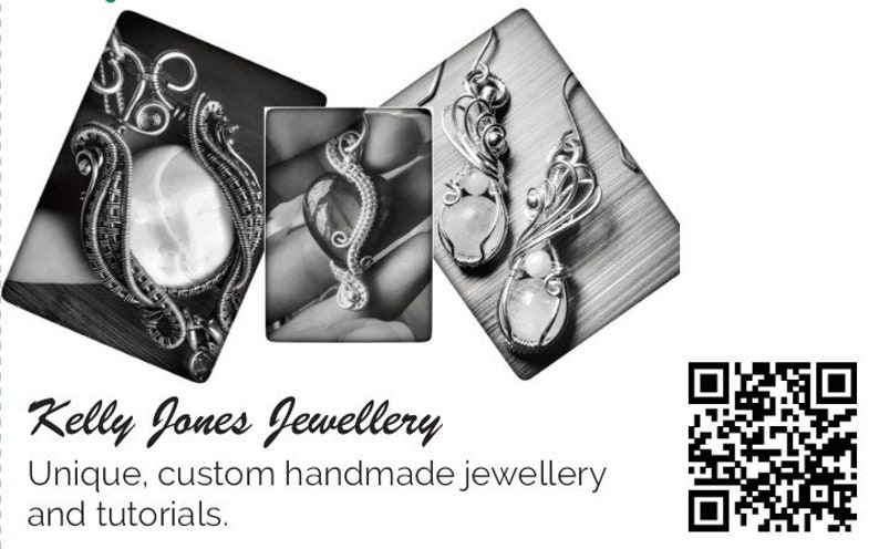 May include: A close-up of three silver wire wrapped jewellery pieces with white stones. The jewellery pieces are displayed on a wooden surface. The text "Kelly Jones Jewellery" is displayed below the image. The text "Unique, custom handmade jewellery and tutorials." is displayed below the text "Kelly Jones Jewellery". A black and white QR code is displayed in the bottom right corner of the image.