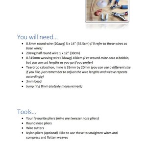 May include: A close-up of a page from a jewellery making tutorial. The page lists the materials and tools needed to make a pendant, including wire, beads, and pliers. The text on the page reads 'You will need...' and 'Tools...'