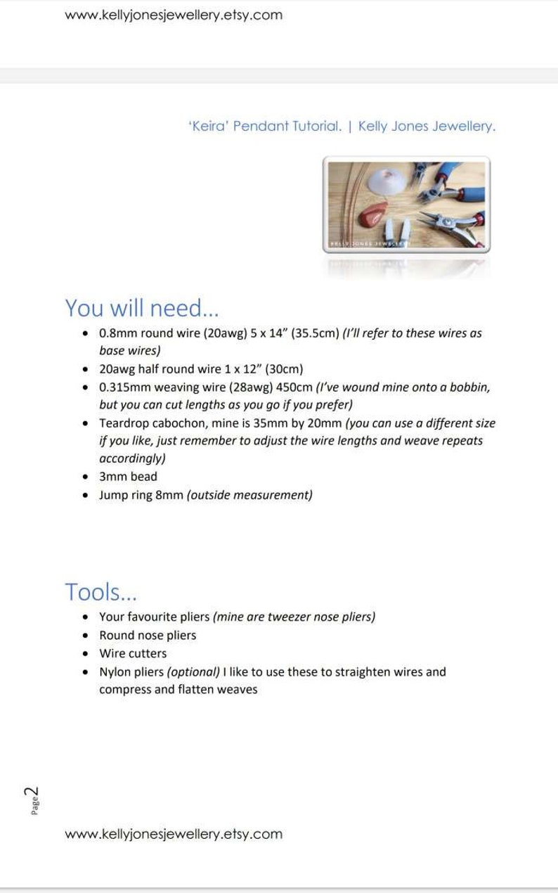 May include: A close-up of a page from a jewellery making tutorial. The page lists the materials and tools needed to make a pendant, including wire, beads, and pliers. The text on the page reads 'You will need...' and 'Tools...'