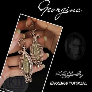 May include: A pair of wire-wrapped earrings featuring elongated, teardrop-shaped stones with brown and tan horizontal banding. The stones are encased in intricate copper wirework with decorative swirls and loops. Text reads Georgina and Kelly J Jewellery EARRINGS TUTORIAL.