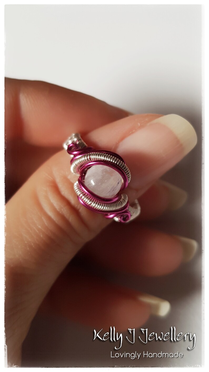 6 US M 12 UK Wire Wrapped Dazzling Pink Statement Ring with Rainbow Moonstone in Coloured wire with Sterling Silver Filled Weaving Wire