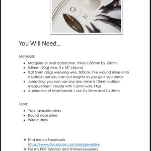 K&ouml;nnte beinhalten: Nahaufnahme von Schmuckzubeh&ouml;r, darunter ein Marquise-Cabochon, Draht, Sprungringe, Perlen und Zangen. Der Text "You Will Need..." ist oben im Bild sichtbar.