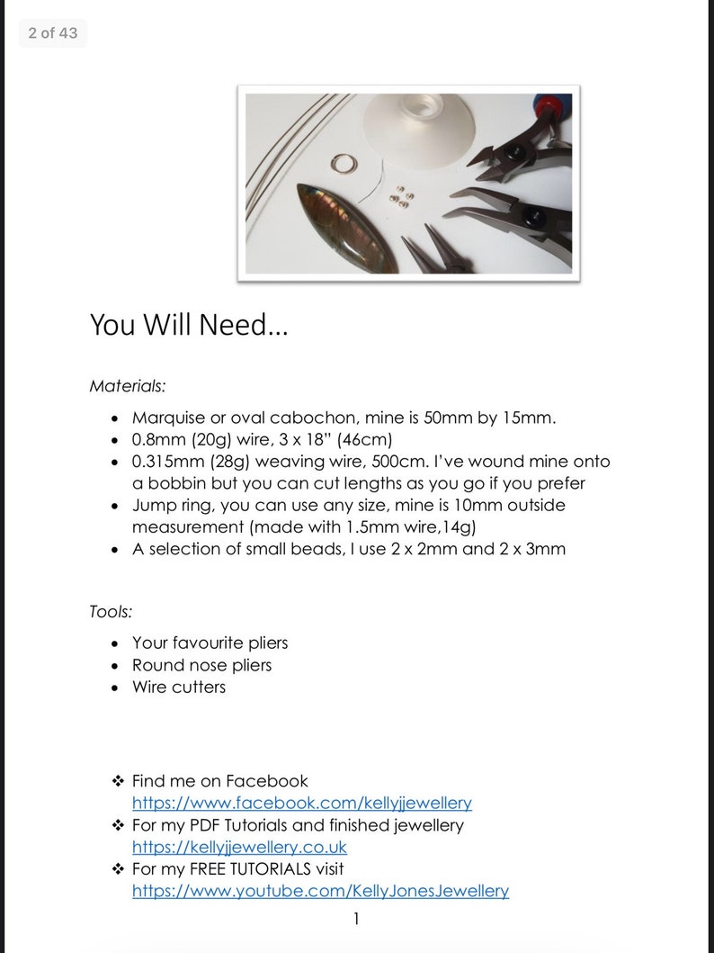 K&ouml;nnte beinhalten: Nahaufnahme von Schmuckzubeh&ouml;r, darunter ein Marquise-Cabochon, Draht, Sprungringe, Perlen und Zangen. Der Text "You Will Need..." ist oben im Bild sichtbar.