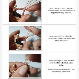 K&ouml;nnte beinhalten: Nahaufnahme eines Kupferdrahts, der um einen Steinanh&auml;nger gewickelt ist. Eine Hand manipuliert den Draht, um ein gewebtes Muster zu erstellen. Das Bild zeigt drei Schritte im Prozess der Herstellung eines drahtgewickelten Anh&auml;ngers.