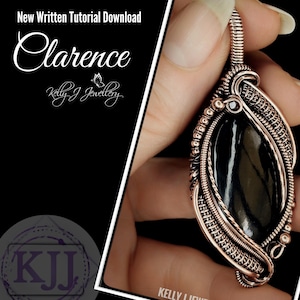 May include: A handcrafted copper wire pendant with a large, oval black stone. The pendant is intricately woven with detailed wirework. The image includes text that reads "Clarence" and "Kelly J Jewellery".