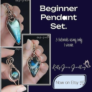 Puede incluir: Tres colgantes envueltos en alambre de cobre con piedras azul verdosas iridiscentes. La imagen incluye el texto "Beginner Pendant Set. 3 tutorials using only 1 weave. Kelly Jones Jewellery Now on Etsy"