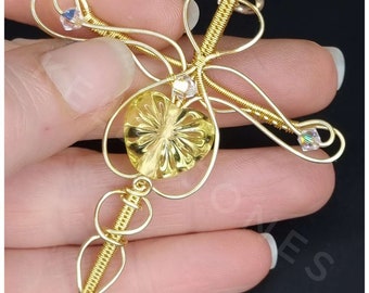 Lamp work bead, wire wrapped in Fine silver plated, gold coloured wire. Unique Jewellery.