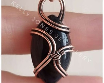 Black Onyx Pendant in Antiqued Copper.  Unique jewellery, one of a kind.