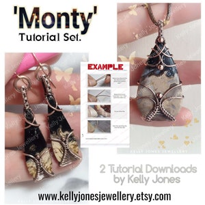 May include: A set of two tutorials for making wire-wrapped earrings and a pendant. The tutorials are titled 'Monty' and feature a black and white agate stone with copper wire wrapping. The image also includes a close-up of the wire wrapping technique.