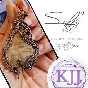 May include: A handcrafted copper wire-wrapped pendant with a teardrop-shaped, beige stone. The pendant features intricate wirework and a decorative bail. The image also includes the text "Saffy 880" and "PENDANT TUTORIAL By Kelly Jones".