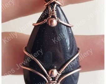 All Solid Antiqued Copper Pendant With A Rich Dark Blue Goldstone. Unique jewellery, one of a kind.