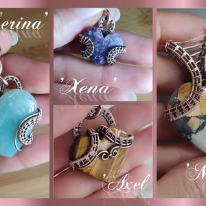 May include: Four heart-shaped pendants with wire wrapped around them. The pendants are made with different stones, including blue, brown, and yellow. The pendants are labelled 'Serina', 'Xena', 'Axel', and 'Misty'.