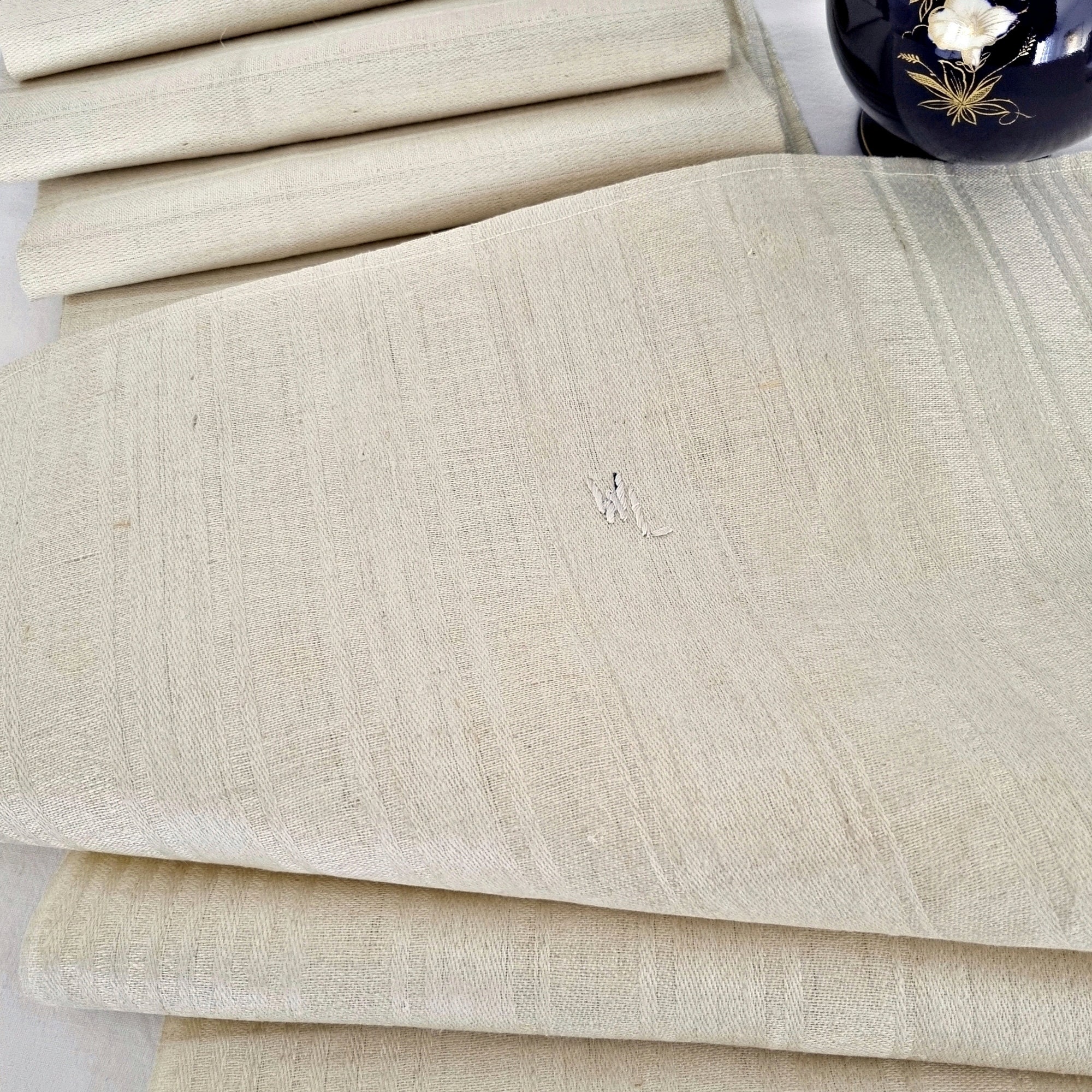 Paño De Cocina De Lino Irlandés Vintage – Par Con Rayas Rojas, Nuevo Stock Antiguo 23/34