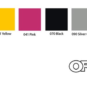 Puede incluir: Una carta de colores que muestra 10 colores diferentes de pel&iacute;cula adhesiva de vinilo. Los colores son blanco, amarillo dorado, amarillo, rosa, negro, gris plateado, oro y cobre. La carta est&aacute; etiquetada con el logotipo de ORACAL 651.
