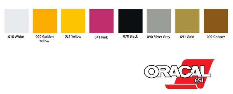 Puede incluir: Una carta de colores que muestra 10 colores diferentes de pel&iacute;cula adhesiva de vinilo. Los colores son blanco, amarillo dorado, amarillo, rosa, negro, gris plateado, oro y cobre. La carta est&aacute; etiquetada con el logotipo de ORACAL 651.