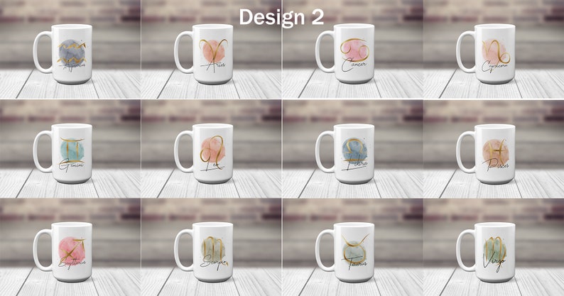 May include: Twelve white ceramic mugs with gold zodiac symbols and watercolor backgrounds. Each mug features a different zodiac sign, including Aquarius, Aries, Cancer, Capricorn, Gemini, Leo, Libra, Pisces, Sagittarius, Scorpio, Taurus, and Virgo.