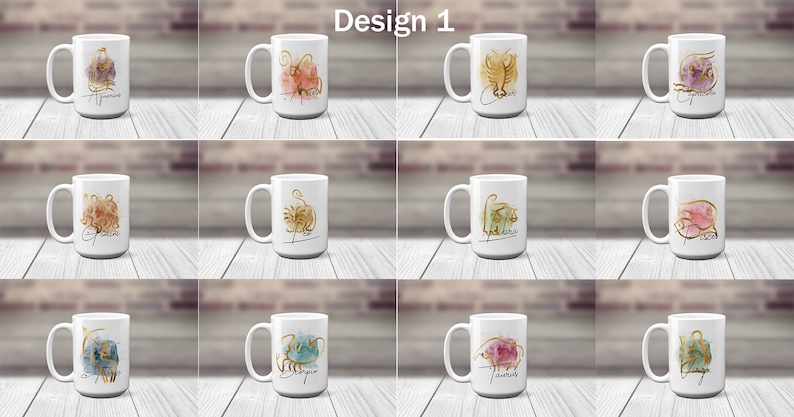 May include: Twelve white ceramic mugs with watercolor designs of the zodiac signs. Each mug features a different zodiac sign with gold accents and the sign's name written in cursive.