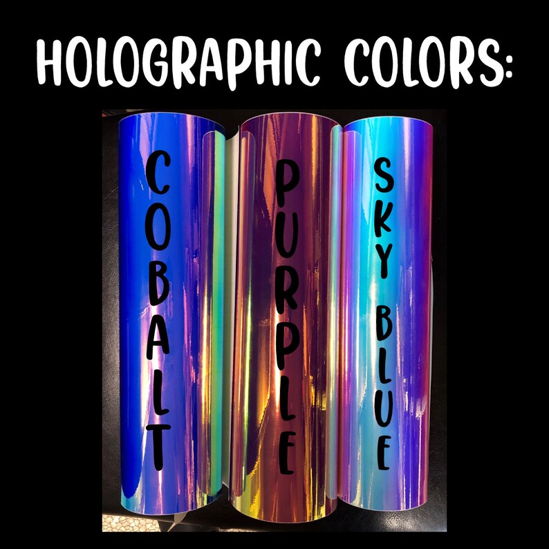 Pu&ograve; includere: Tre fogli di vinile olografico nei colori cobalto, viola e blu cielo. I fogli sono etichettati con i nomi dei colori.