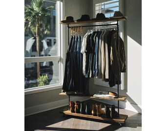 48 Industrial Garment Clothing Rack With Top And Bottom Rustic Shelves Shoe Storage Loft Coat Grab