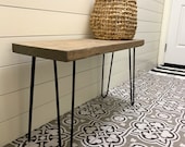 Narrow Farmhouse Bench, Rustic Wood Hairpin leg console, Entryway Bench, 16 quot Leg Bench, Rustic Mid Century Modern Side Table and Bench