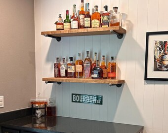 Rustic Wood Floating Shelf, Farmhouse Liquor Bottle Rack, Sturdy Pipe Brackets