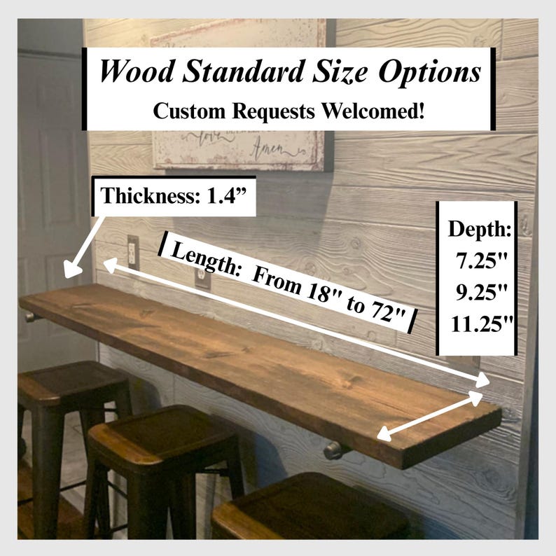 Puede incluir: Una estanter&iacute;a flotante de madera con tinte oscuro, soportada por soportes met&aacute;licos. El grosor de la estanter&iacute;a es de 3,5 cm, con profundidades de 18,4 cm, 23,5 cm y 28,6 cm. Longitudes de 45,7 cm a 182,9 cm. Texto "Wood Standard Size Options".