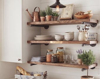 Rustic Floating Shelf with Pipe Brackets, Farmhouse Laundry Room Shelving