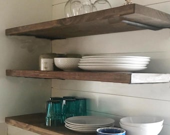 Rustic Floating Kitchen Shelf: Solid Wood Wall Shelving with Hidden Brackets