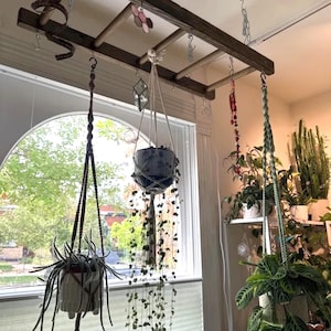 Wooden Heavy Duty Ladder Pot Rack, Oversized Plant Storage Ladder, Wood stained Pot and Pan storage, Kitchen Island Ceiling Rustic Pot rack