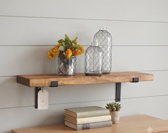Solid Pine Wood Rustic Floating Shelf: Iron L-Bracket