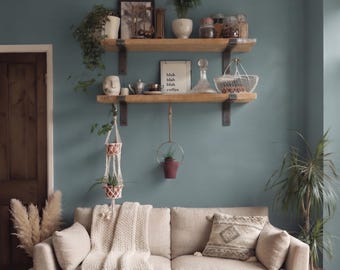 Solid Pine Wood Rustic Floating Narrow Table or Shelf: Iron L-Bracket