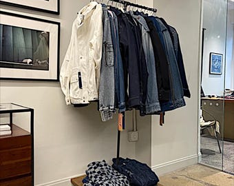 Industrial T Bar Galvanized Garment Rack, Reclaimed Wood Shoe Storage, Pop Up Shop Display