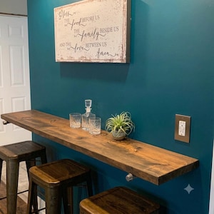 Floating Rustic Wood Shelf with Pipe Brackets, Narrow Loft Bar