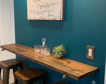 Floating Rustic Wood Shelf with Pipe Brackets, Narrow Loft Bar