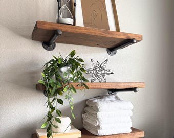 Rustic Floating Shelf: Solid Wood & Pipe Brackets, modern decor