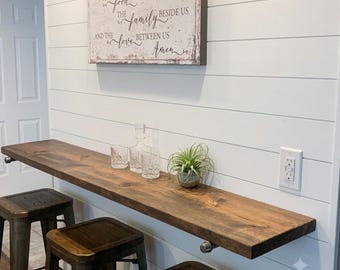 Solid Wood Floating Desk: Heavy Duty Narrow Wall Mounted Table with Pipe Brackets