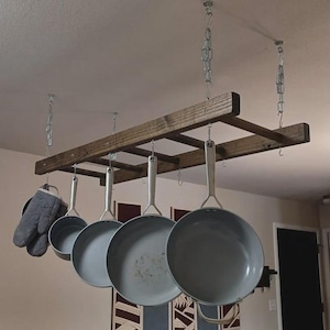 Farmhouse Ladder Pot Rack, Gray or Walnut Stained Kitchen Island Pot Holder, Wood stained Pot and Pan storage, Ceiling Pot and Pan holder