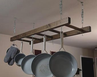Farmhouse Ladder Pot Rack: Stained Wood Kitchen Island Organizer