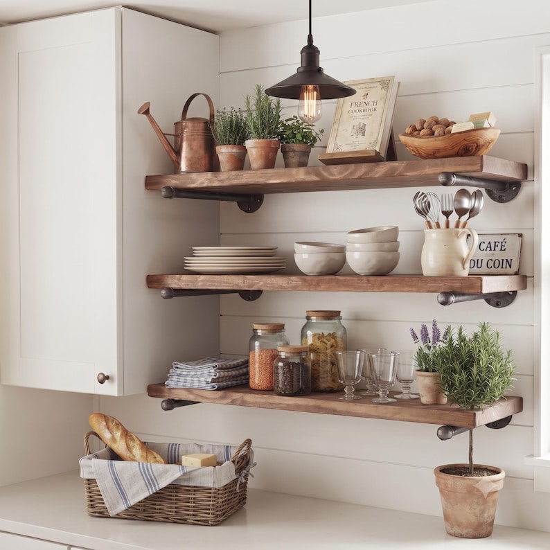 Rustic Laundry Floating Shelf, Wood and Pipe, Modern Organic Decor