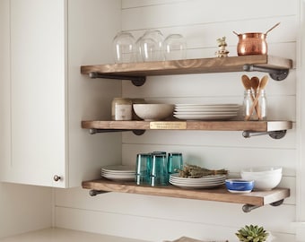 Rustic Floating Shelf with Pipe Brackets, Farmhouse Laundry Room Shelving