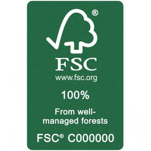 Puede incluir: Una etiqueta FSC rectangular verde con texto blanco y un gr&aacute;fico de &aacute;rbol. El texto incluye "FSC", "www.fsc.org", "100%", "From well-managed forests" y "FSC C000000". El logotipo FSC es un &aacute;rbol.