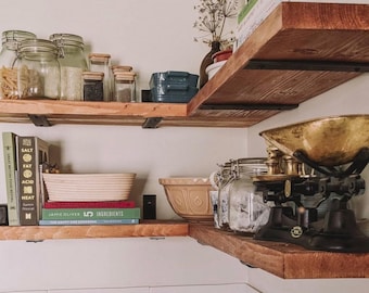 Solid Pinewood Corner Shelf, 9.25" Deep, Black Reversible Brackets, Rustic Kitchen Bookcase