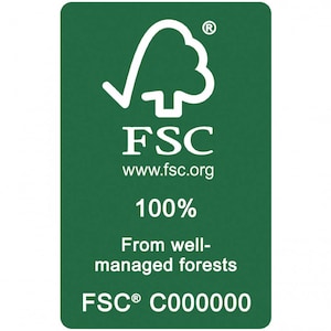 May include: A green rectangular FSC (Forest Stewardship Council) label with white text and a tree logo. The text includes "FSC", "www.fsc.org", "100%", "From well-managed forests", and "FSC C000000".