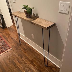 Rustic Narrow Entryway Table: Solid Pine Wood Console with 28&quot; Hairpin Legs